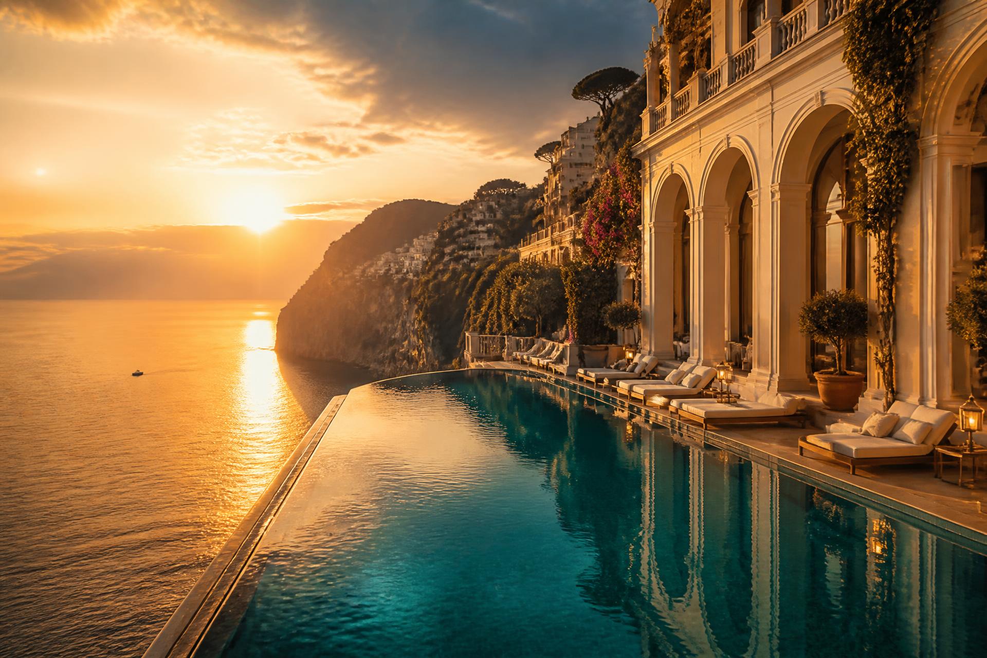 Cliffside luxury hotel infinity pool at sunset